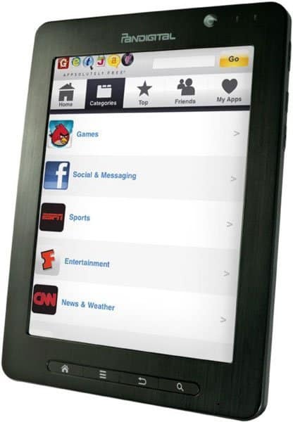 Front view of black Pandigital tablet showing home screen with category icons; physical buttons below the display are visible.