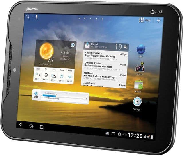 Front view of Pantech tablet on AT&T, home screen with weather, email, calendar widgets, app icons, sunset wallpaper.