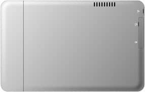 Rear view of a silver tablet with top right ventilation slots and two buttons on the right edge; brand/model not specified.