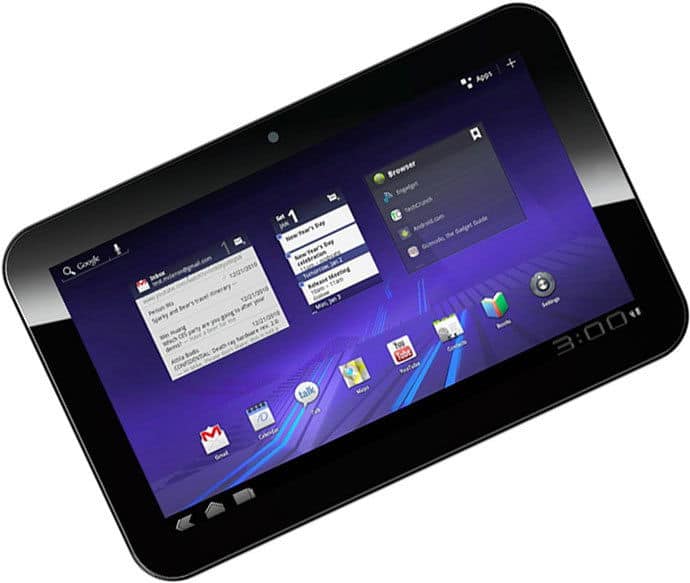 Front view of a black tablet with a front camera, home screen on, purple gradient wallpaper, and time displayed as 3:00.