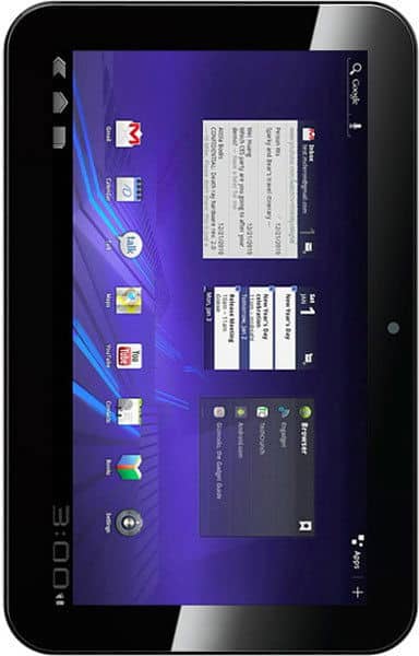 Front view of a black tablet running Android, home screen with purple-blue background, app icons, widgets, and time set to 3:00.
