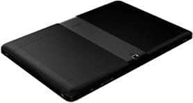 Closed black tablet with minimalist design resting on a flat surface, viewed from a top front corner angle.