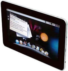 Black tablet with white border, angled front view, shows colorful apps, weather at 20°C, notification bar. Brand/model not shown.