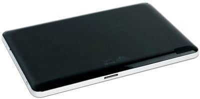 Rear view of a black and silver tablet lying flat, showing ports and connections. Brand and model not specified.