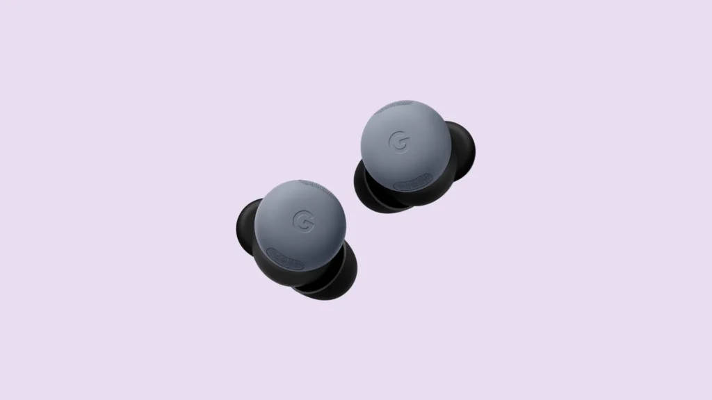 Front view of wireless gray Google earbuds with black earpieces on a light purple background, ideal for mobile device use.