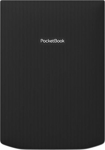 Rear view of black PocketBook tablet, vertically ribbed back panel, logo centered near the top.