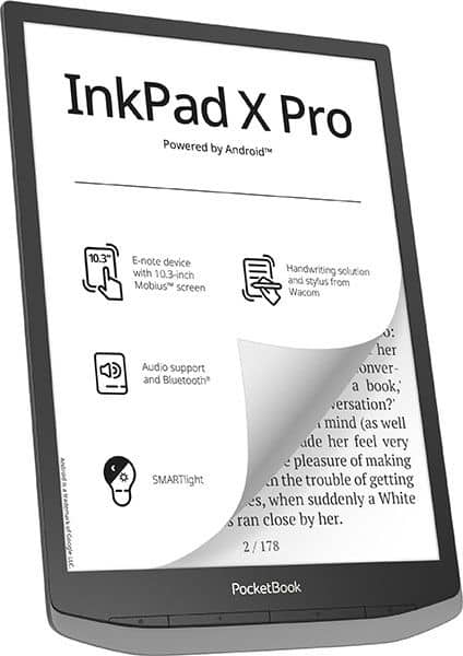 Front view of PocketBook InkPad X Pro, 10.3-inch black-and-white tablet with Android, handwriting, audio, Bluetooth.