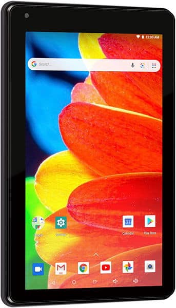 Front view of a black tablet displaying colorful flower petal wallpaper and common app icons like Gmail, YouTube, and Play Store.