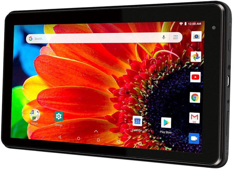 Front view of a black tablet showing a flower wallpaper, app icons, and search bar; display time reads 12:00 AM.