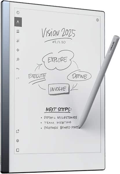 Front view of a Samsung Galaxy Tab with stylus showing "Vision 2025" handwritten notes and a steps diagram on screen.