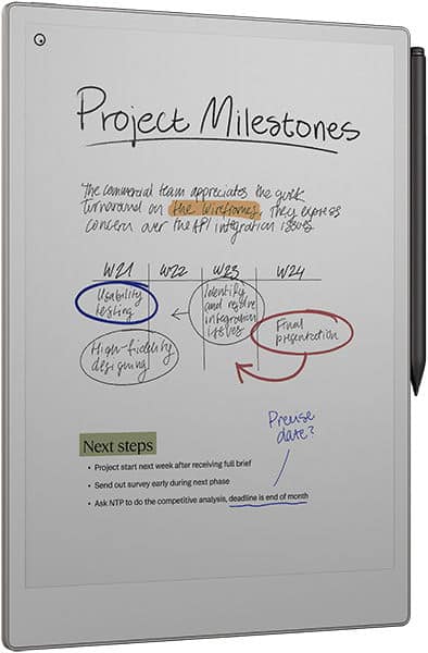 Front view of a tablet (brand/model unspecified) with handwritten notes and stylus attached on the right side.