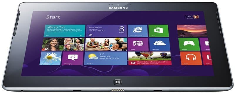 Front view of Samsung Series 7 Slate showing Windows 8 Start screen with colorful app tiles on its touchscreen display.