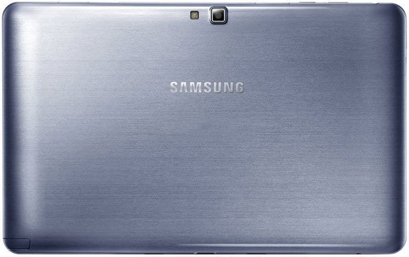 Rear view of a silver Samsung Galaxy tablet, brushed metal finish, center rear camera with LED flash, Samsung logo in center.