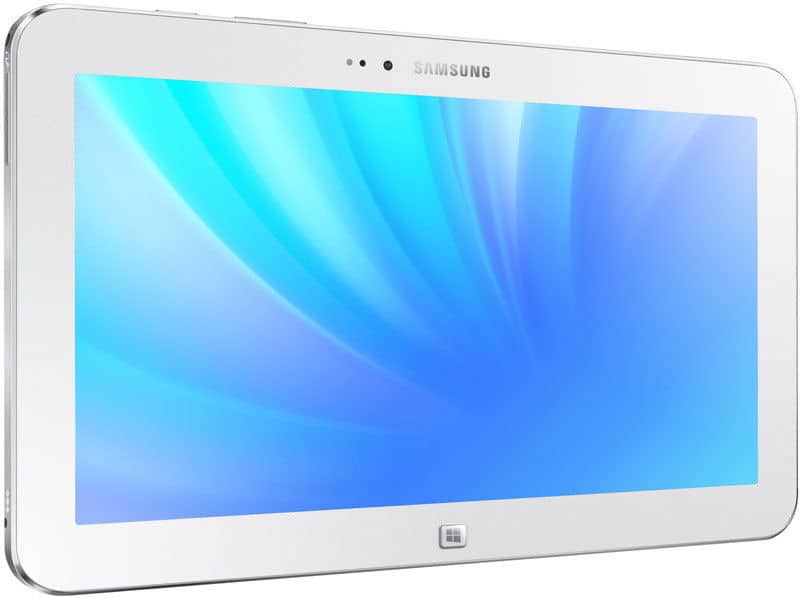 White Samsung tablet with blue gradient screen, front angled right, displayed on a white background for device comparison.