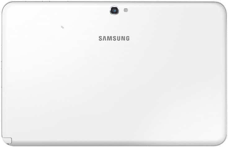 Rear view of a white Samsung tablet featuring the rear camera, flash, and centered Samsung logo.