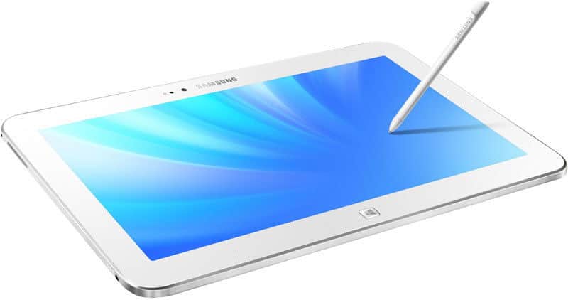 White Samsung tablet, front angled view, showing home button and edges. Stylus touches screen with blue abstract wallpaper.