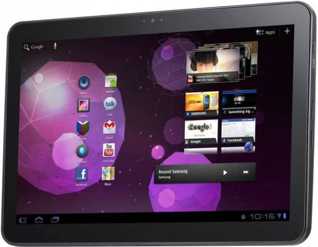 Front view of a black Samsung Galaxy Tab showing Android home screen with apps, widgets, and purple geometric wallpaper at 10:16.