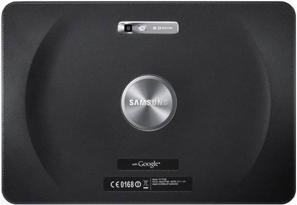 Rear view of Samsung Galaxy Tab shows rear camera with flash, centered Samsung logo, "with Google" branding, and specs at bottom.