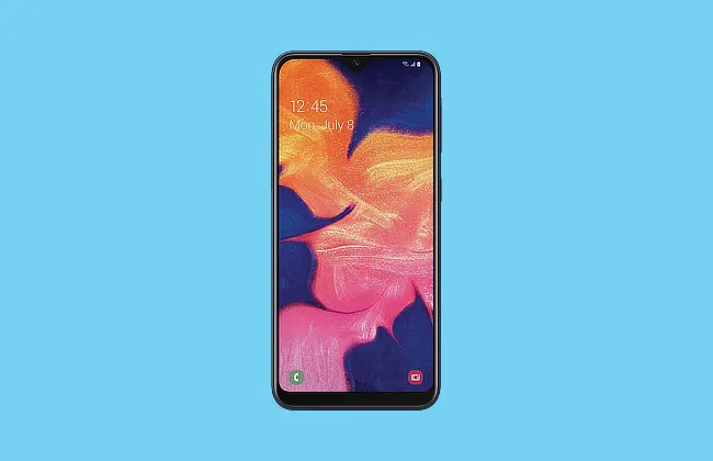 Front view of a black budget smartphone with colorful wallpaper, time 12:45, date Monday, July 8, on light blue background.