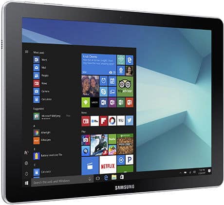 Samsung Galaxy Tab Pro S at a slight angle, showing Windows 10 start menu with Mail, Edge, Netflix, and Calendar tiles on screen.