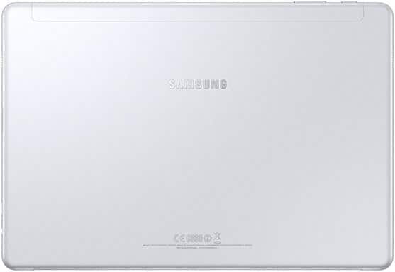 Rear view of a silver Samsung tablet, logo centered and certification details at the bottom; likely Galaxy Tab series.