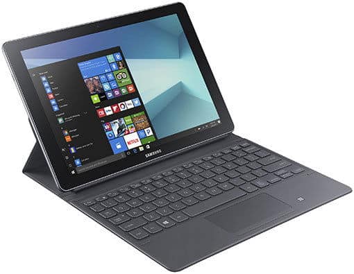 Samsung Galaxy TabPro S angled view with black detachable keyboard, Windows 10 Start menu on screen, gray protective case.