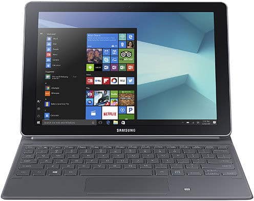 Front view of Samsung tablet-laptop hybrid with detachable keyboard, showing Windows 10 start menu on a blue geometric screen.