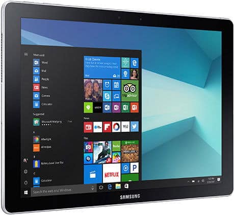 Front view of Samsung tablet showing Windows 10 start menu with multiple app tiles on a blue geometric background.
