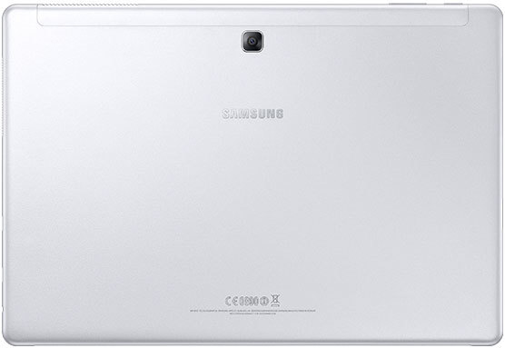 Rear view of white Samsung tablet with single top-center camera, Samsung logo in center, and regulatory info at bottom.