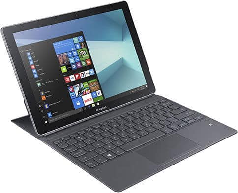 Samsung tablet in laptop mode, front angled view, with detachable keyboard attached and Windows OS visible on screen.