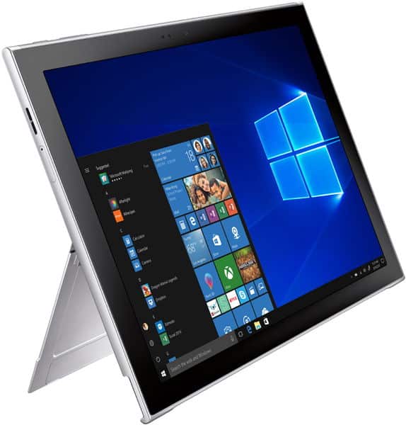 Microsoft Surface Pro, silver, shown at an angled side view with kickstand out and Windows 10 Start menu on display.