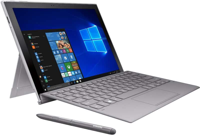 Microsoft Surface Pro shown at a three-quarter angle with detachable keyboard, stylus, and Windows 10 home screen visible.