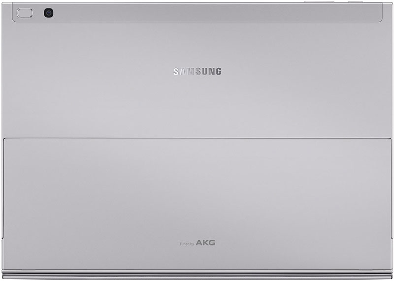 Rear view of silver Samsung Galaxy Tab with "Samsung" and "Tuned by AKG" logos, rear camera, and horizontal kickstand line.