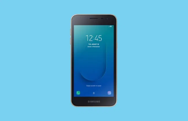 Front view of Samsung smartphone, black front with gold edges, on light blue background; screen shows 12:45, Tuesday, August 29.