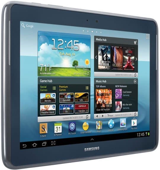 Front view of a Samsung tablet showing its blue-themed home screen with weather, date, time, and app widgets.