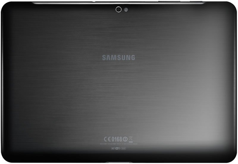 Rear view of black Samsung Galaxy Beam tablet with center Samsung logo, top rear camera, and bottom certification markings.