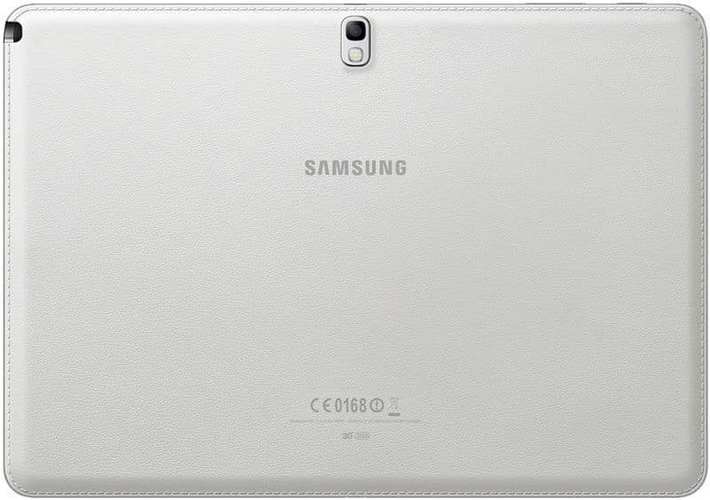 Rear view of a white Samsung tablet with top-centered camera, central Samsung logo, and certification marks at the bottom.