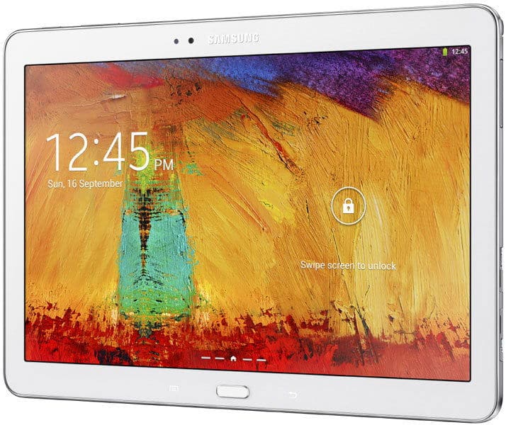 Front view of white Samsung tablet showing lock screen, 12:45 PM, Sept 16; colorful background; swipe to unlock prompt visible.