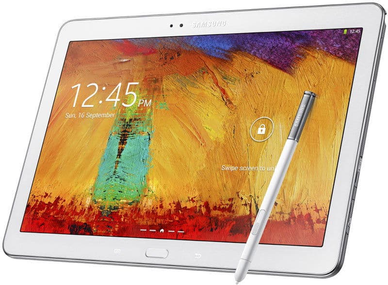 Front view of a white Samsung tablet with stylus on screen, showing lock screen (12:45 PM, Sunday, 16 September) and abstract wallpaper.