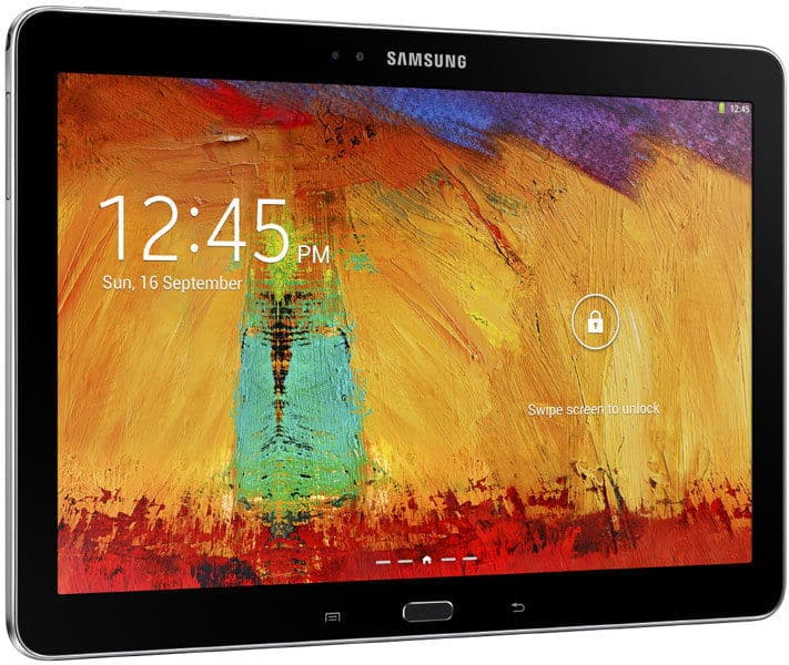 Samsung tablet, front view at a slight angle, showing lock screen with 12:45 PM, Sunday 16 September, and abstract wallpaper.