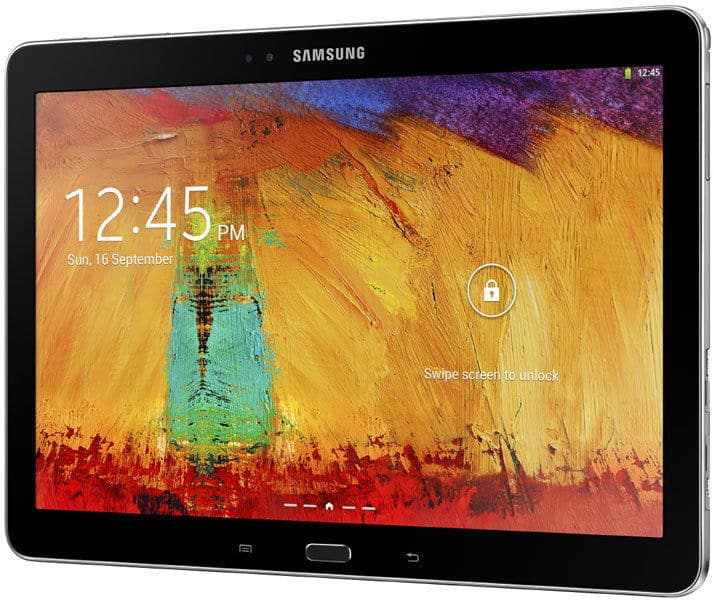 Front view of Samsung tablet showing colorful wallpaper, lock screen with 12:45 PM, 16 September, lock icon, and unlock prompt.