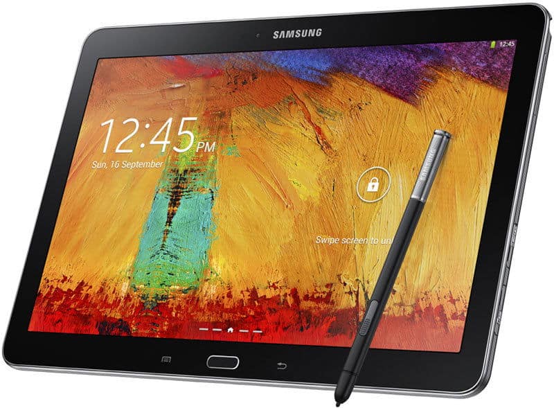 Front view of a Samsung tablet with stylus, lock screen showing abstract art and 12:45 time, Sunday, 16 September.
