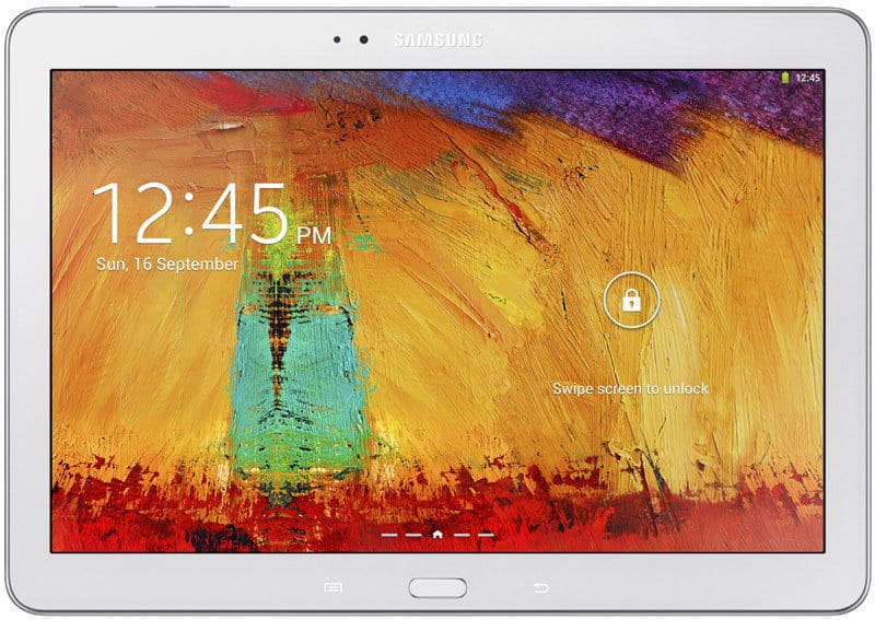 Front view of a white Samsung tablet with colorful screen, 12:45 clock, Sept 16 date, lock icon, and "Swipe screen to unlock.