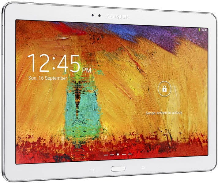 Front view of a white Samsung tablet showing lock screen with 12:45 PM, September 16, and swipe to unlock prompt.