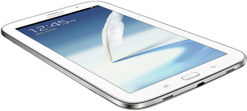 White Samsung tablet in angled front view, screen on with feather wallpaper, 12:45 PM time, and bottom navigation buttons visible.