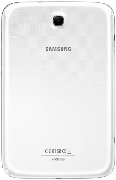 Rear view of white Samsung tablet showing central logo, top rear camera, and regulatory info at the bottom.