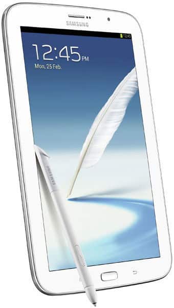 Front view of a white Samsung tablet with stylus, curved edge, home button, and display showing 12:45 and feather graphic.
