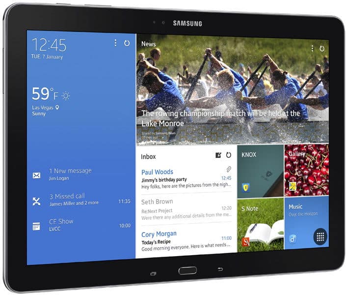 Front view of Samsung tablet in split-screen mode, showing apps, weather (59°F, sunny Las Vegas), time 12:45, and news.