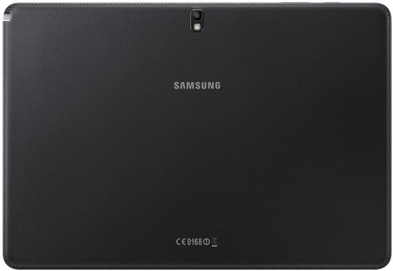 Rear view of a black Samsung tablet showing centered logo, top rear camera, and certification markings at the bottom.