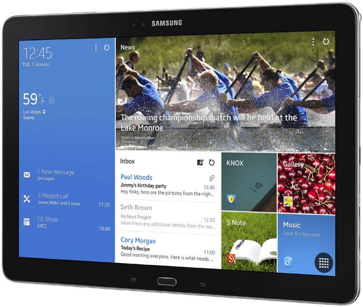 Front view of a Samsung tablet showing home screen with weather, news, notifications, calendar, and various app shortcuts.